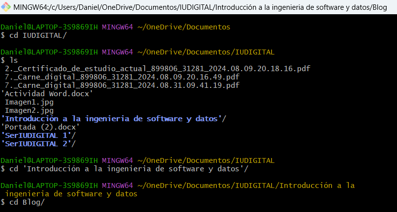 Pantallazo de como usar cd y ls en git bash