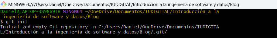 Pantallazo de como usar git init