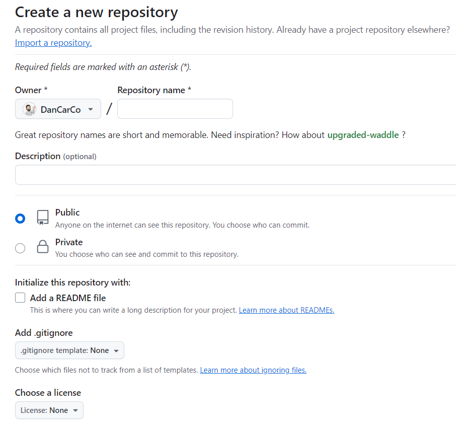 Pantallazo crear nuevo repositorio en github.com